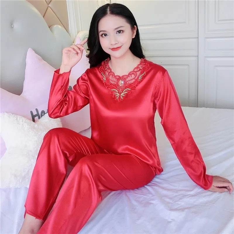 Women's Sleepwear 1311-12Women Pajamas Turndown Collar Pocket Long Sleeve Casual Pants 2 Piece Set Sleepwear Female Home Suit Sets Nightwear 2303