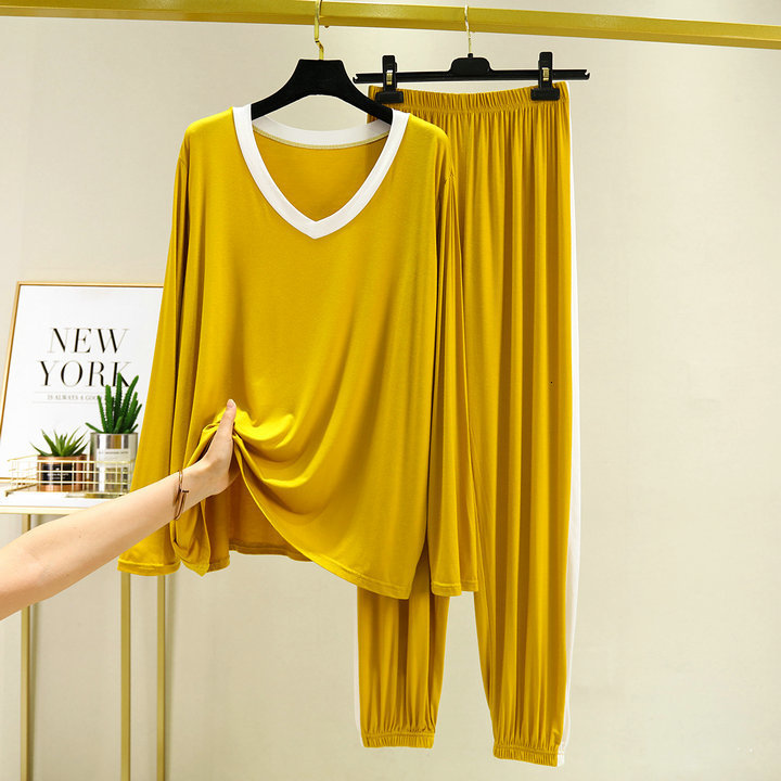 Women's Sleepwear Fdfklak 2PCS Pajama Sets Women Autumn Long Sleeve Solid Modal Loose Breathable Soft Home Clothing Comfortable Sleeping Suits 23