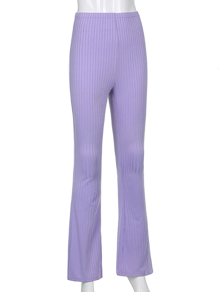 Women's Pants Capris Sweetown Purple Ribbed Joggers Women Knitted Flare Pants Slim High Waist Aesthetic Trousers Female Vintage 90s Sweatpants 23
