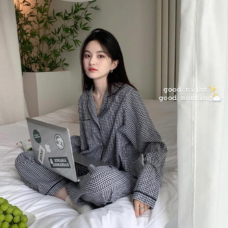 Women's Sleepwear Elegant Plaid Pajama Sets Women Simple Single Breasted Ins Homewear Nighty Soft Tender Harajuku Gentle Nightwear Casual 230321