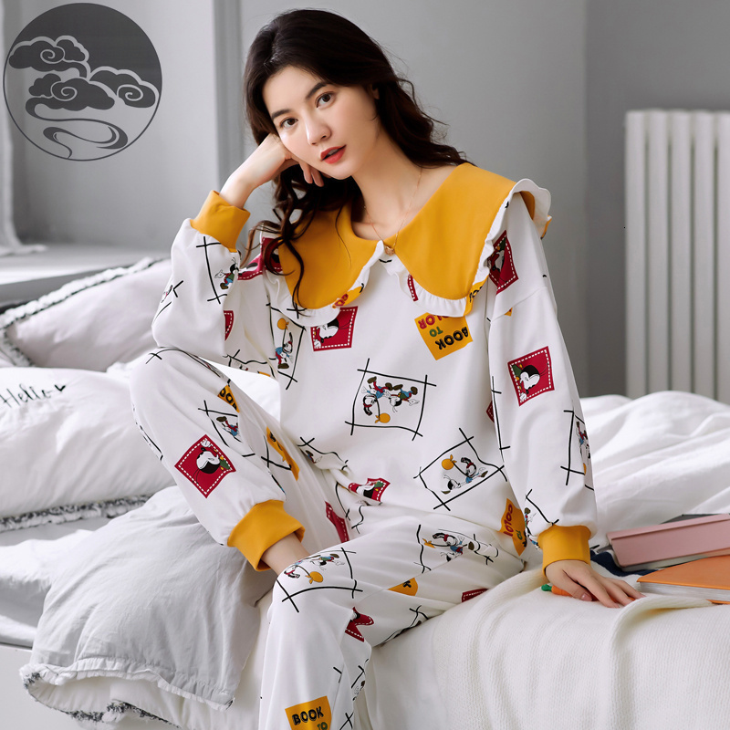 Women's Sleepwear Spring Autumn Knitted Cotton Women's Sleep Lounge Pajama Long Sleeved Woman Pajama Set Cartoon Pyjamas Sleepwear M-XXXL Fa