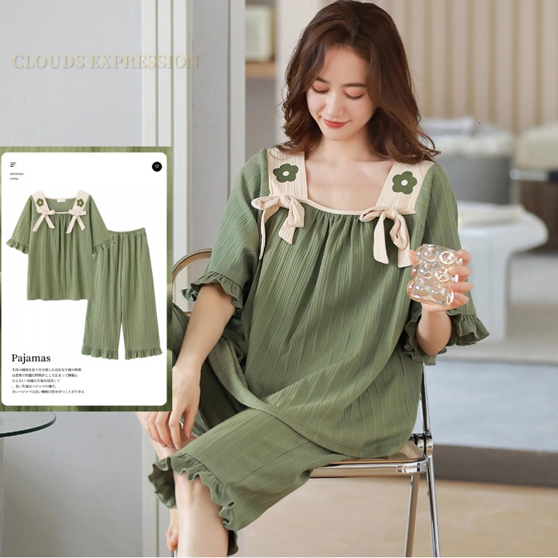 Women's Sleepwear Summer Knitted Cotton Clouds Printing Two Piece Short Sleeved Women Pajamas Sets Pyjamas Ladies Sleepwear Cute Cartoon Pijamas 