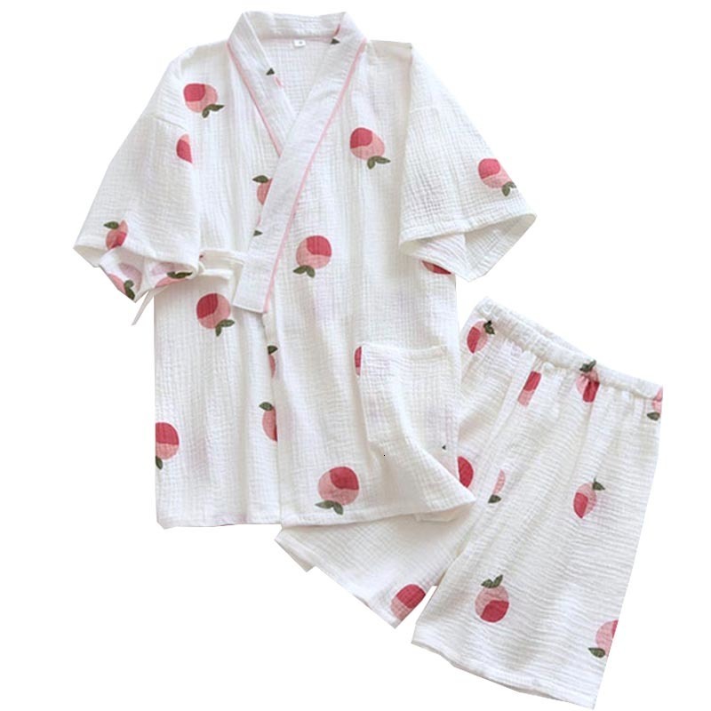 Women's Sleepwear Cartoon Peach Print Girls Fresh Style Short SleeveShorts 2Pcs Kimono Style Household Pajamas Set Comfort Gauze Cotton Sleepwer 