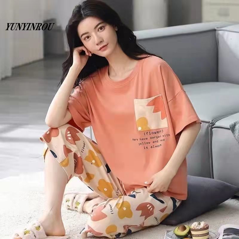Women's Sleepwear Summer Capris Plaid Women Sleep Lounge Pajama Short-Sleeved Pajama Sets Cartoon Pyjamas Polyester Sleepwear 3XL 5XL Home Fashio
