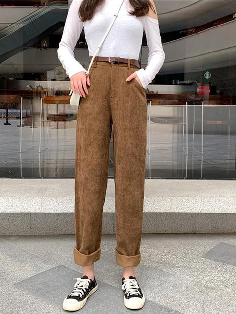 Women's Pants Capris ZOKI Vintage Corduroy Women Pants Fashion Belt Fall Elastic High Waist All Match Wide Leg Pants Causal Pockets Loose Trouser