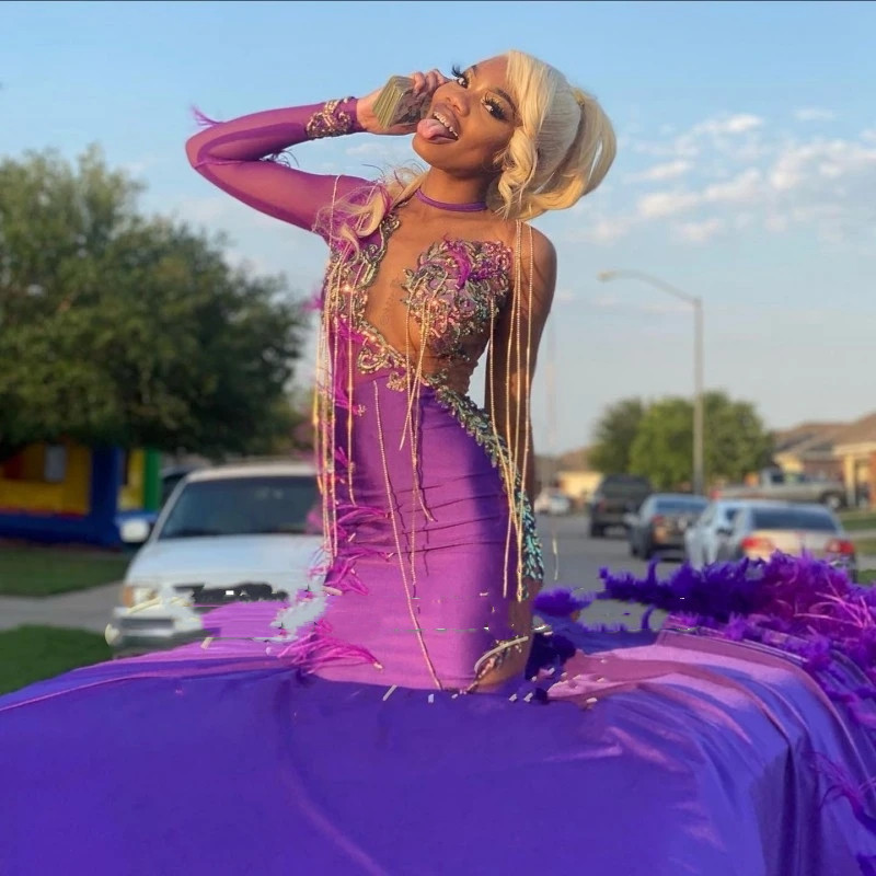Purple Feathers Mermaid Prom Dresses Long Sleeve Sequin Applique Tassel Party Gowns Graduation Dress For Black Girls 322