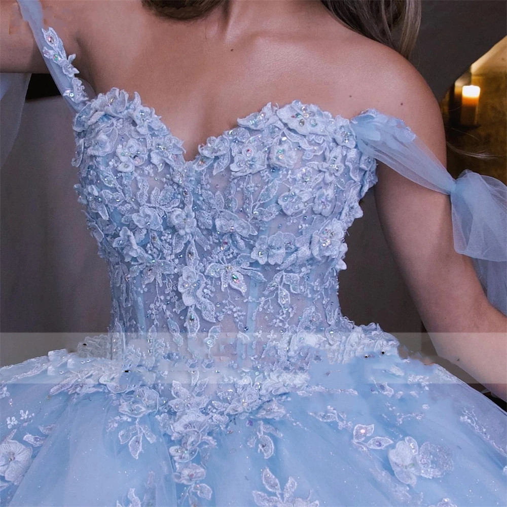 Quinceanera Dresses Princess Sexy Illusion Light Sky Blue Appliques Crystal Ball Gown with Tulle Plus Size Sweet 16 Debutante Party Birthday Vestidos 