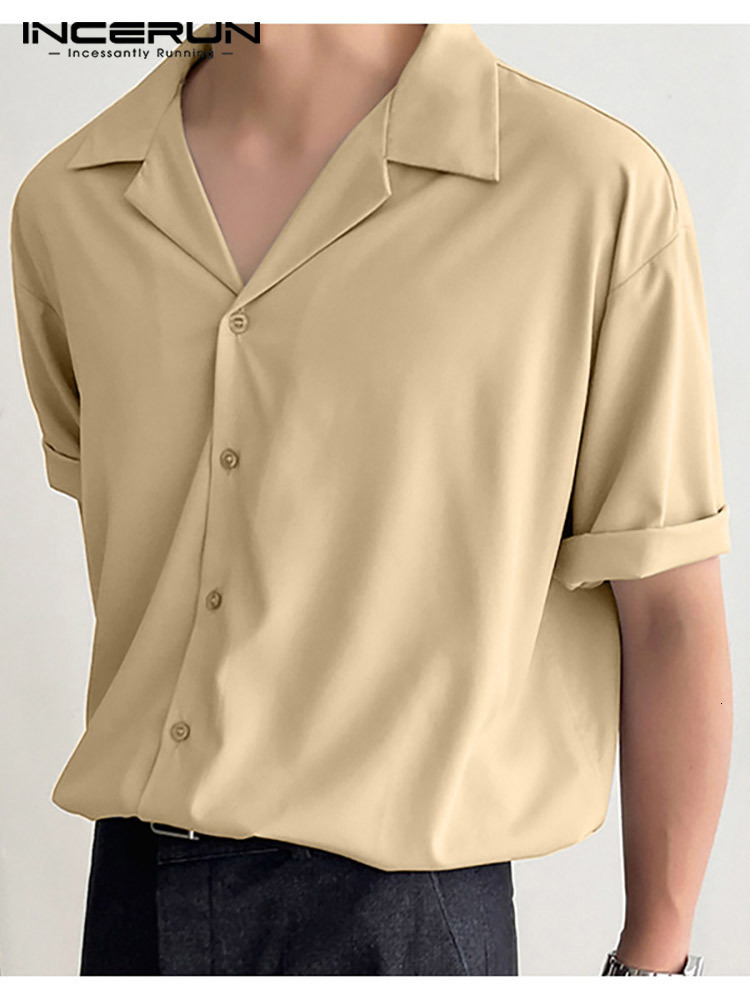 Men's Casual Shirts INCERUN Men Casual Shirt Lapel Short Sleeve Button Streetwear Summer Men Clothing Solid Color Korean Fashion Shirts S-5XL 230