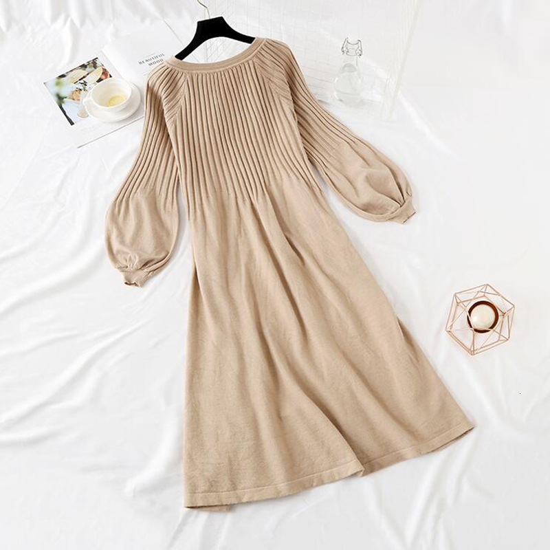 Casual Dresses Autumn Winter Women Knitted Sweater Dress Korean Lantern sleeve V Neck Elegant Long Dress Ladies Bottoming Loose Dress 230321