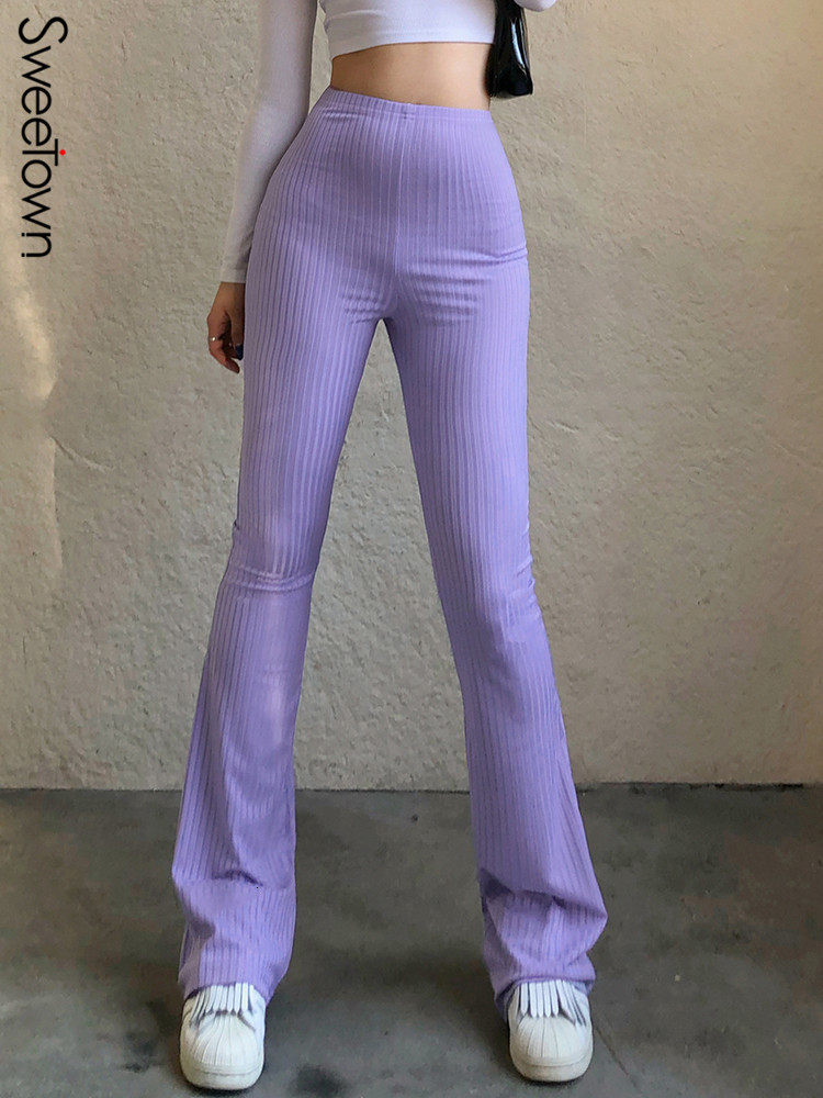 Women's Pants Capris Sweetown Purple Ribbed Joggers Women Knitted Flare Pants Slim High Waist Aesthetic Trousers Female Vintage 90s Sweatpants 23