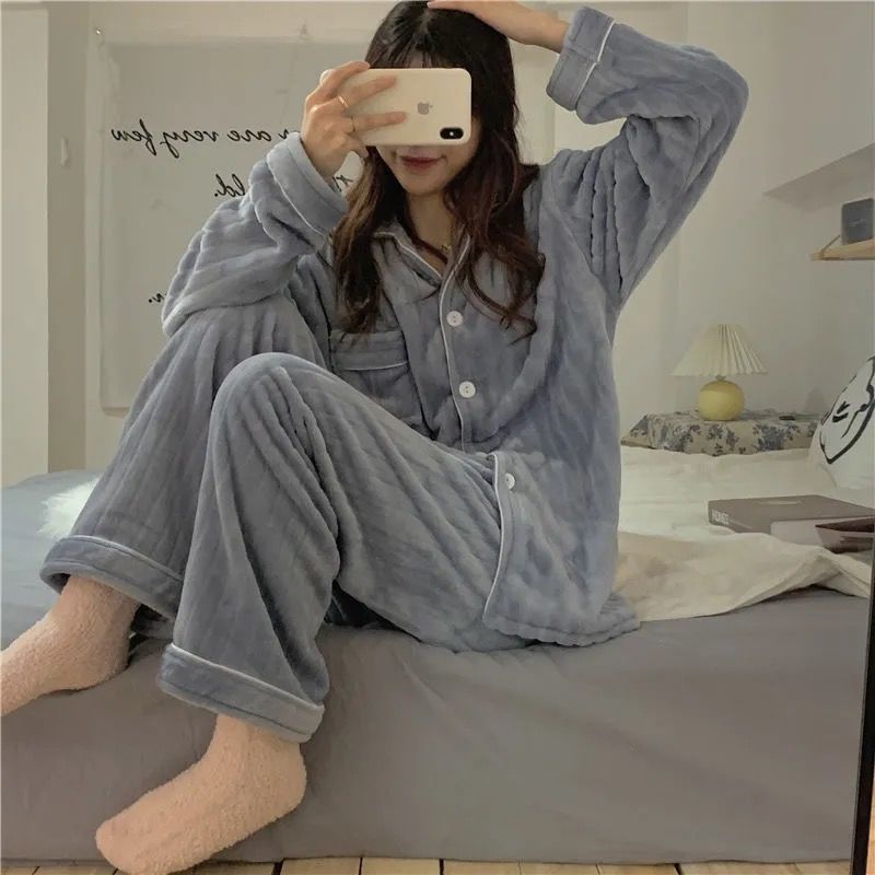 Women's Sleepwear Flannel Pajama Sets Women Winter Two Piece Home Suit 100Sleepwear Warm Korean Style Simple Casual Fashion Gentle Vintage Chic 2