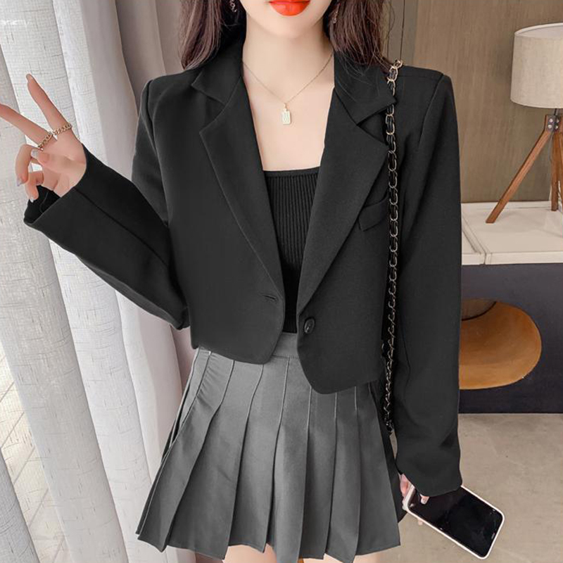 Women's Suits Blazers Lucyever Korean Cropped Blazer Solid Color Simple Singlebutton Outwear Teens Allmatch Long Sleeve Office Suit Jacket 230321