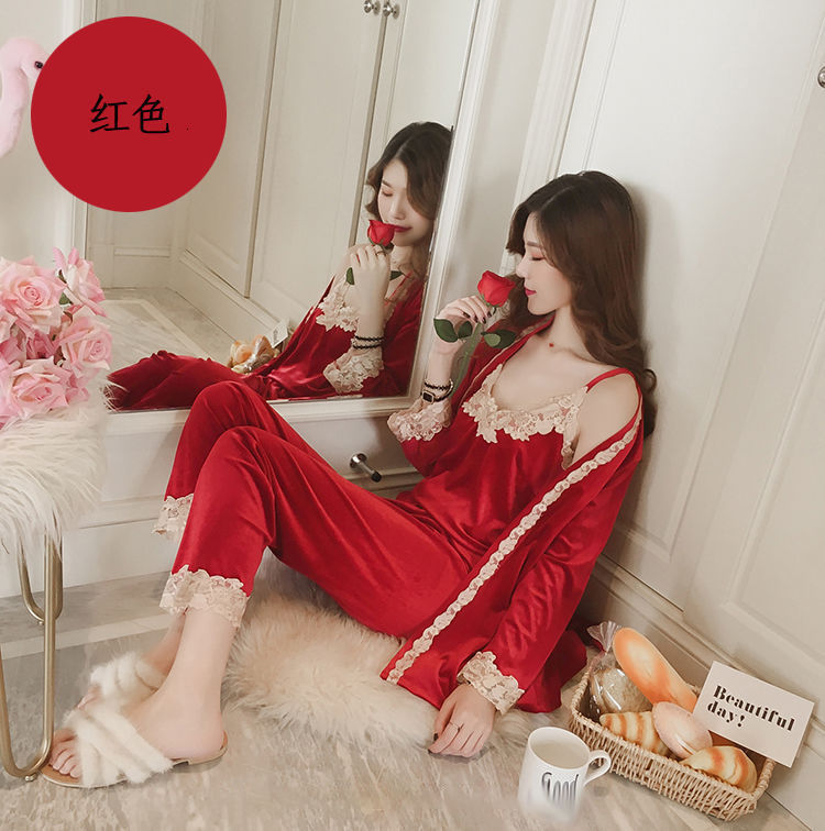 Women's Sleepwear Pajamas Women's Autumn Winter Sexy Sling Gold Velvet Long-Sleeved Ladies Nightgown Suit Large Size Home Wear Three-piece S