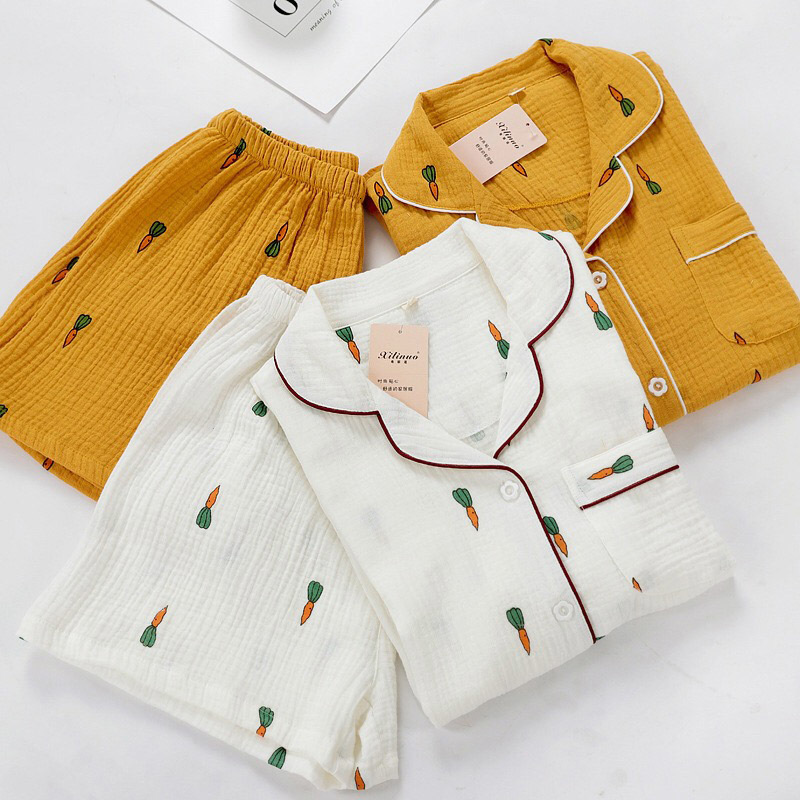 Women's Sleepwear Women Pajamas Set Summer Comfort Gauze Cotton Turn-down Collar Sleepwear Set Ladies Thin Loose Cartoon Carrot Printed Homewear 
