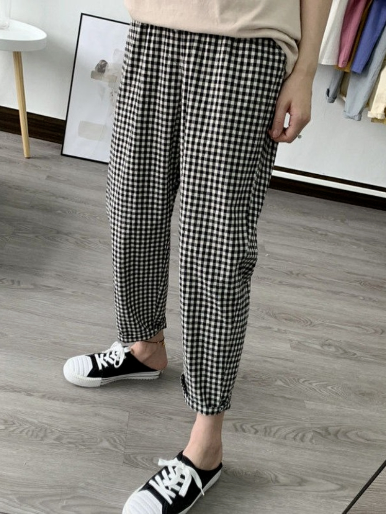 Women's Pants Capris Spring Summer Plaid Pants Women's Harem Pants Capris Drawstring Waist Large Size Casual Loose Cotton Linen Trousers Wom