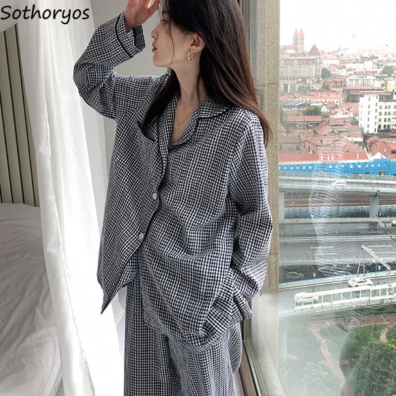 Women's Sleepwear Elegant Plaid Pajama Sets Women Simple Single Breasted Ins Homewear Nighty Soft Tender Harajuku Gentle Nightwear Casual 230321