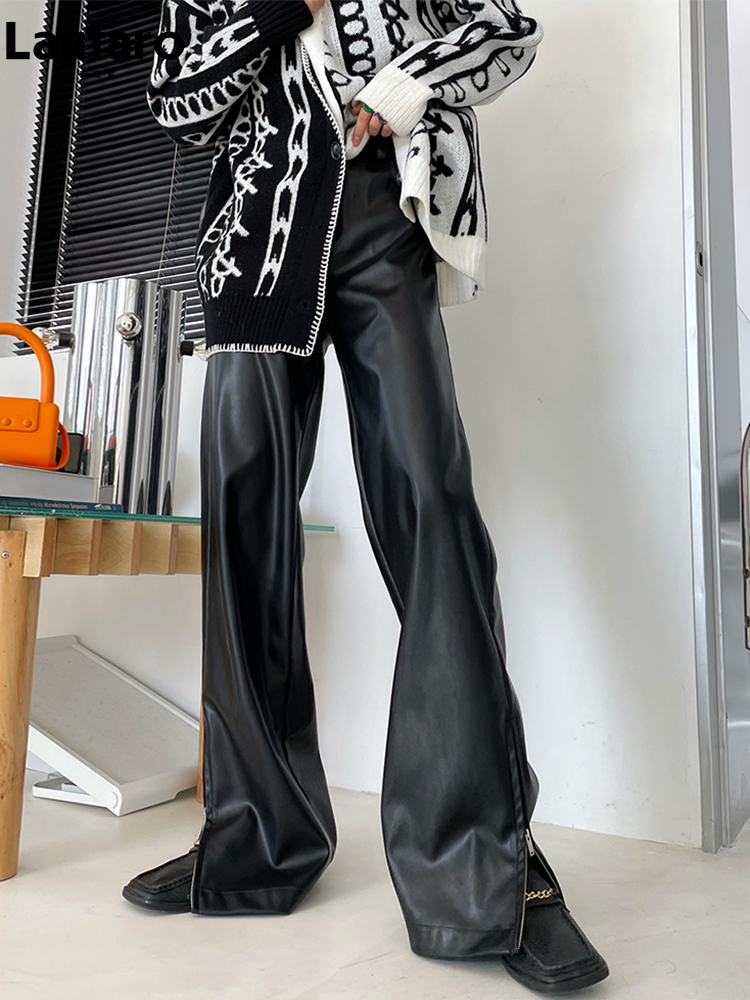 Women's Pants Capris Lautaro Spring Autumn Cool Punk Black Soft Stretchy Faux Leather Floor Length Pants Streetwear Women High Waist Fashion 2303