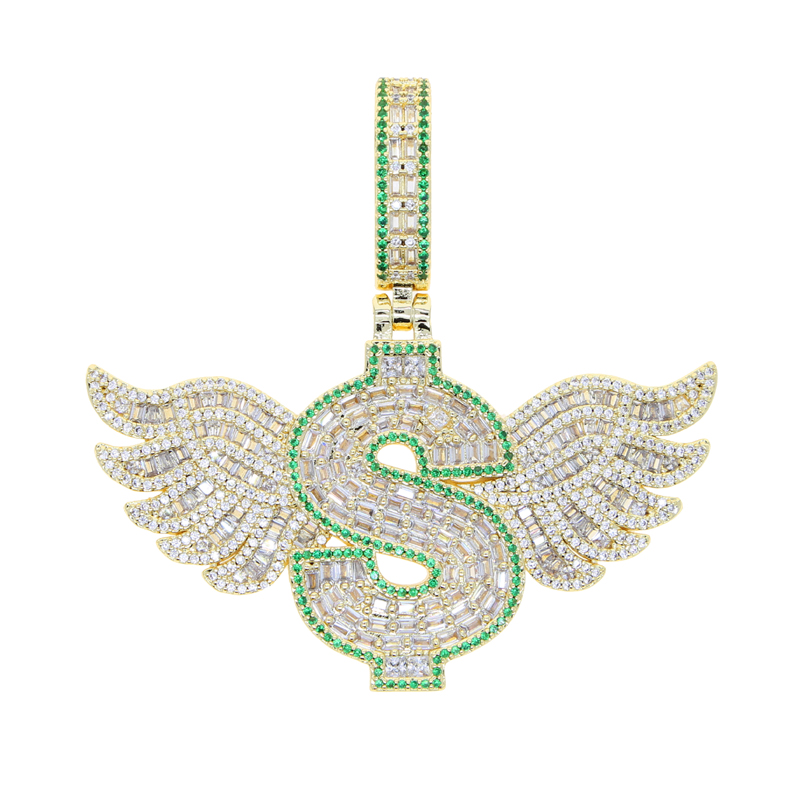 New Iced Out Bling Letter Dollar Symbol Pendant Necklace Gold Plated CZ Cubic Zirconia Wings Charm Men Women Hip Hop Jewelry