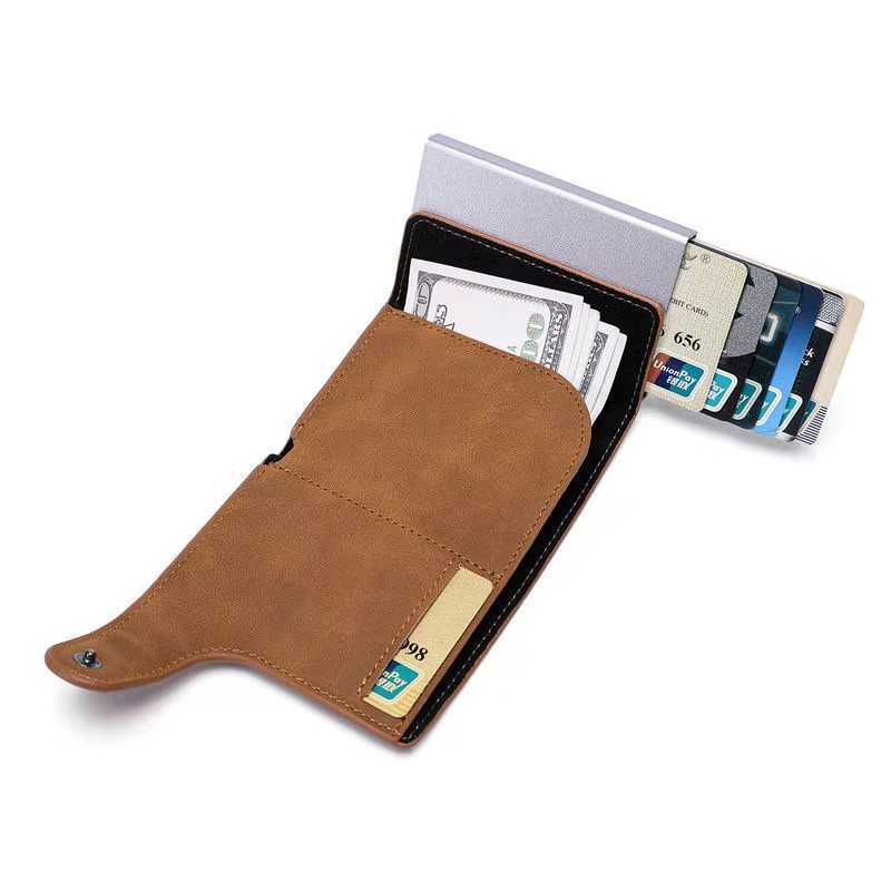 Wallets Rfid Smart Wallet ID Holder Leather Ultra-thin Business Men Cardbag Automatic Pop-up Anti Theft Brush Metal Card Box G230308