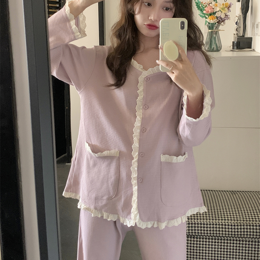 Women's Sleepwear Pajama Sets Women Sweet Cute Fall Outfits Long Sleeve Home Sleepwear Night Harajuku Lace Patchwork V-neck Cozy Korean Fashion 2