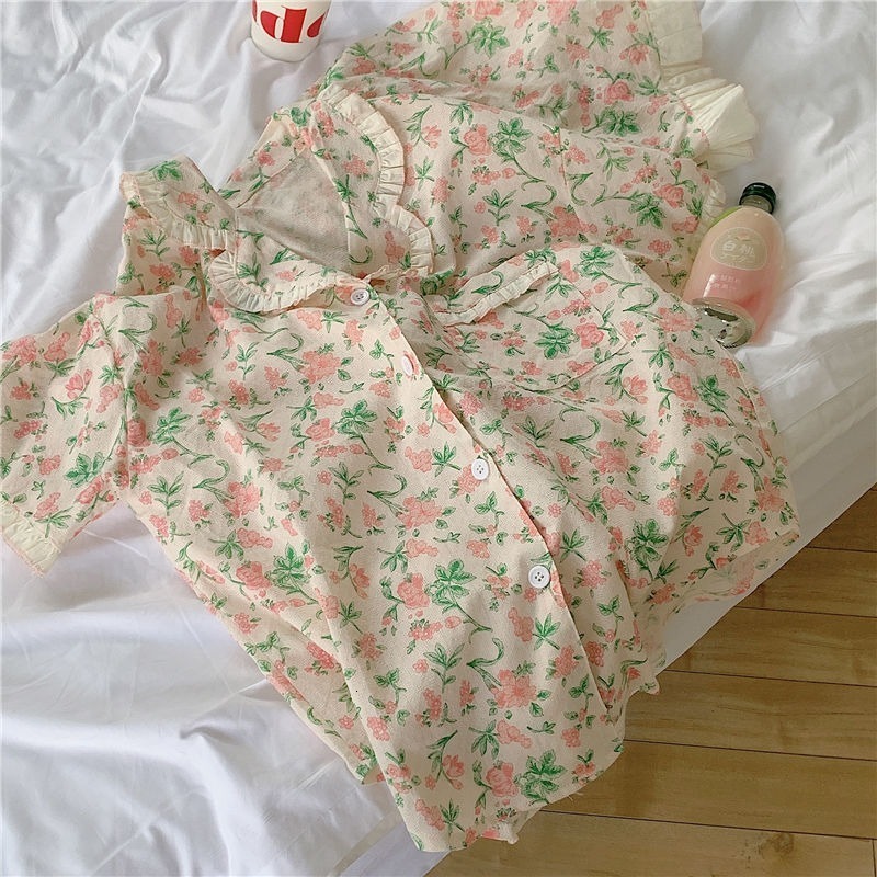 Women's Sleepwear Pajama Sets Turn-down Collar Short Sleeve Women Summer Floral Printed Thin Kawaii Trendy Womens 2pcs Kimono Pyjamas Elegant 230