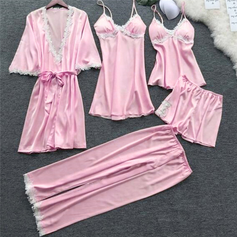 Women's Sleepwear Women Satin Sleepwear Thin 5 Pieces Pyjamas Sexy Lace Pajamas Sleep Lounge Pijama Silk Night Home Clothing Pajama Suit 230321