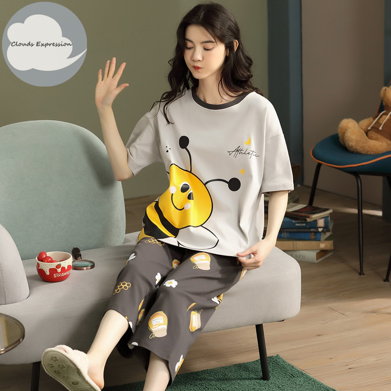 Women's Sleepwear Summer Knitted Cotton Cartoon Pajamas Sets Women Pyjamas Sleepwear Nightwear Pijama Mujer Plus Size Calf-Length Pants Homewear 