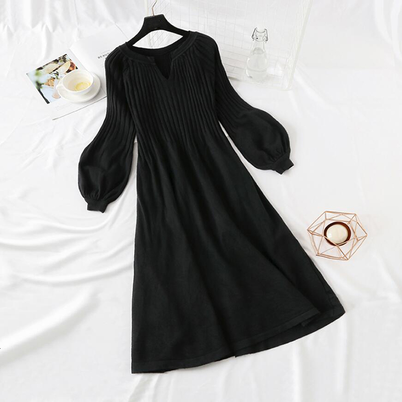 Casual Dresses Autumn Winter Women Knitted Sweater Dress Korean Lantern sleeve V Neck Elegant Long Dress Ladies Bottoming Loose Dress 230321