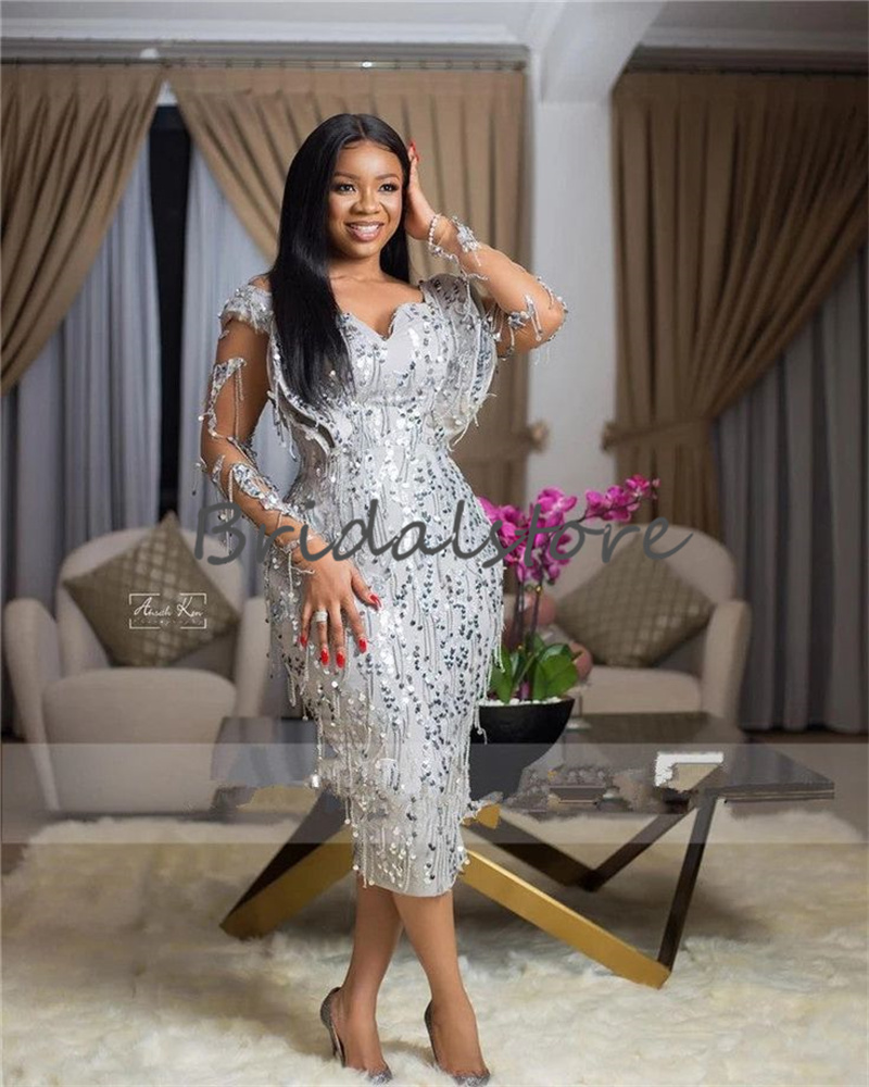 Chic Silver Aso Ebi Prom Dress 2023 For Black Girls Mermaid Long Sleeve Mid Evening Gowns Elegant Sequin Formal Cocktail Party Women African Formal Oc