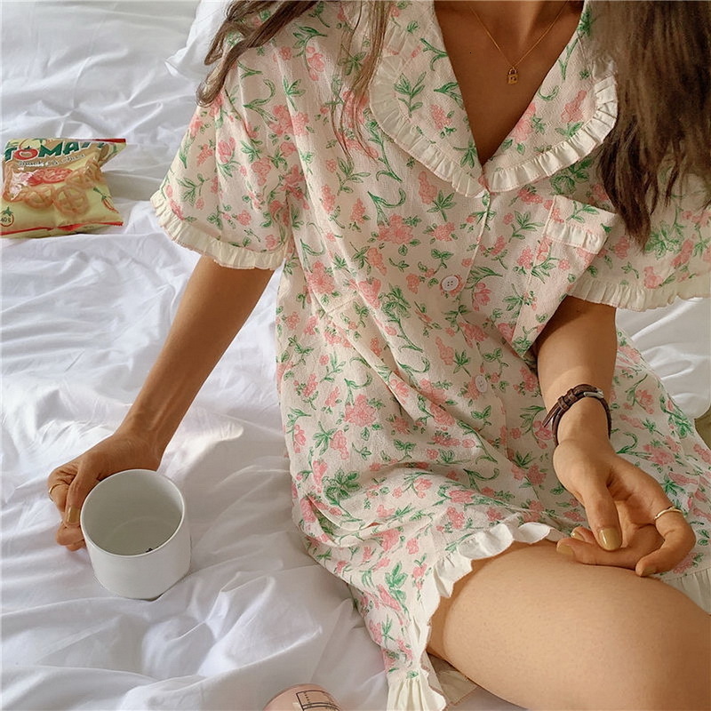 Women's Sleepwear Korean Style Women Pijimas Floral Print Casual Homewear Short Sleeve TopsShorts Ruffles Pajamas Set with Pocket Sleepwear 23032