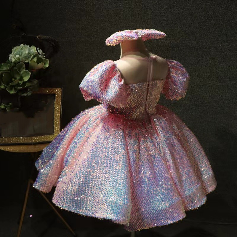 Sequined Ball Gown Flower Girl Dresses Pink Bow Princess Lace Appliques Jewel Neck Toddler Party Gowns Daughter Prom Birthday Dress 403