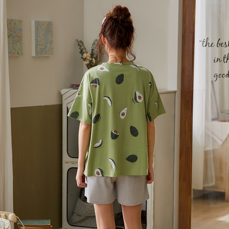 Women's Sleepwear BZEL Green Sleepwear Sets For Women Lovely Avocado Pattern Pajamas 100% Cotton Short Home Wear Femme Underwear Pijamas 230321