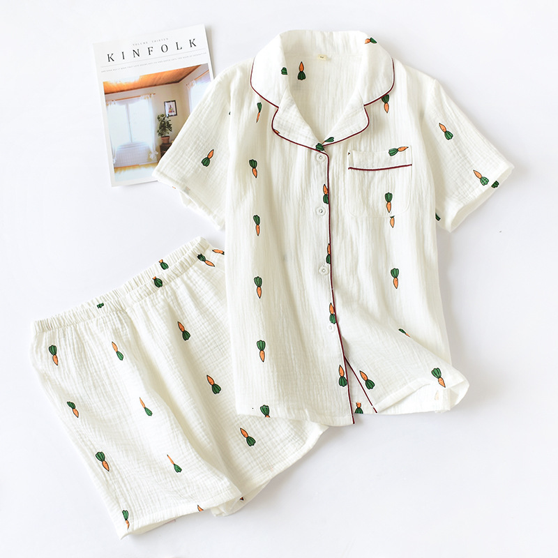 Women's Sleepwear ladies pajamas suit summer comfortable cotton gauze lapel pajamas suit women thin loose cartoon carrot printing home service 23