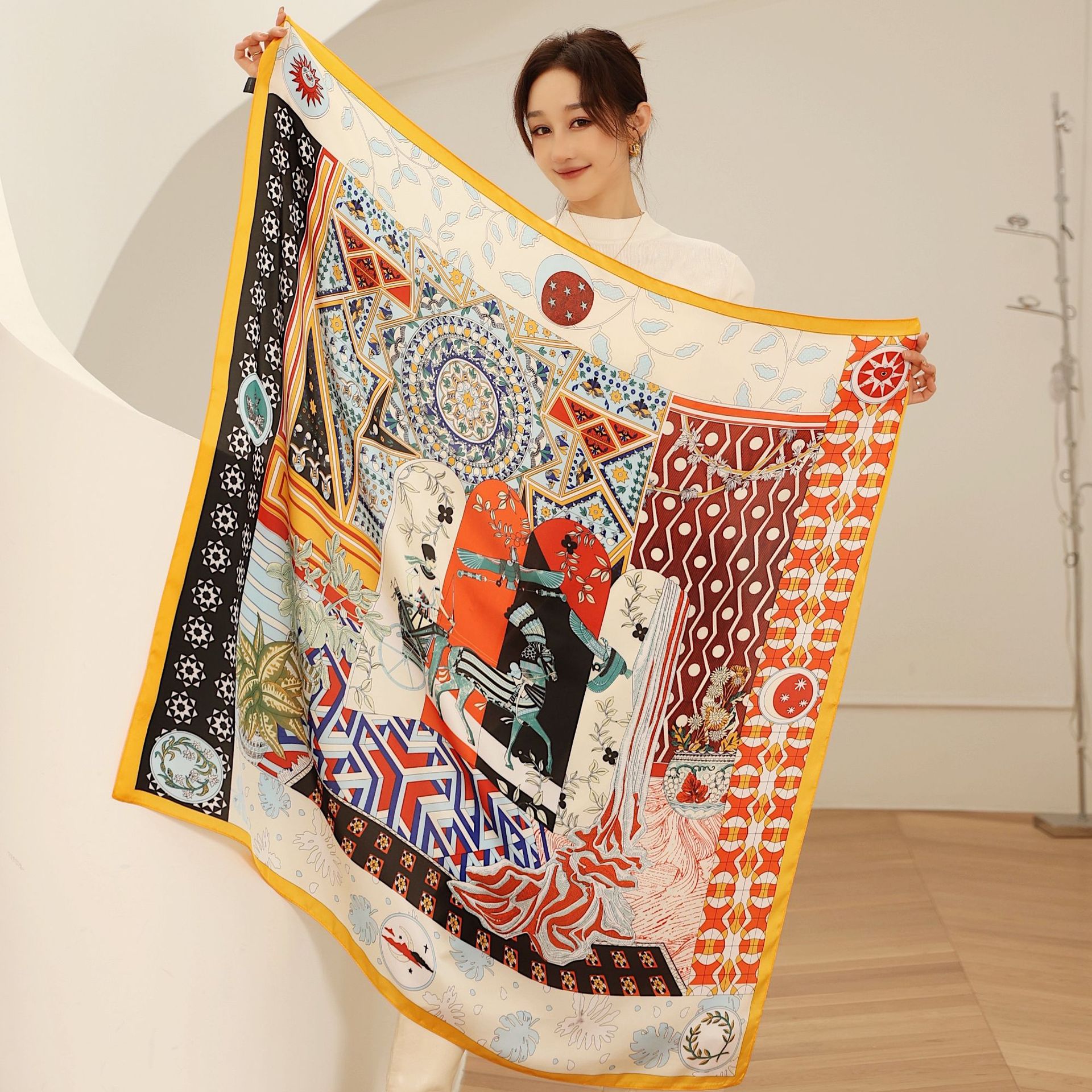 Scarves Luxury Orange Horse Chain Silk Scarf 110cm Square For Women Silk-like Large Bandana Lady's Summer Sunscreen Shawl GiftScarves
Scarves Luxury Orange Horse Chain Silk Scarf 110cm Square For Women Silk-like Large Bandana Lady's Summer Sunscreen Shawl GiftScarves