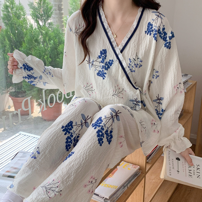 Women's Sleepwear Women Cotton Gauze Kimono Pajamas Set Long Sleeve Pant Soft Home Clothes Printing Soft Sleepwear Loungewear Women's Set Py