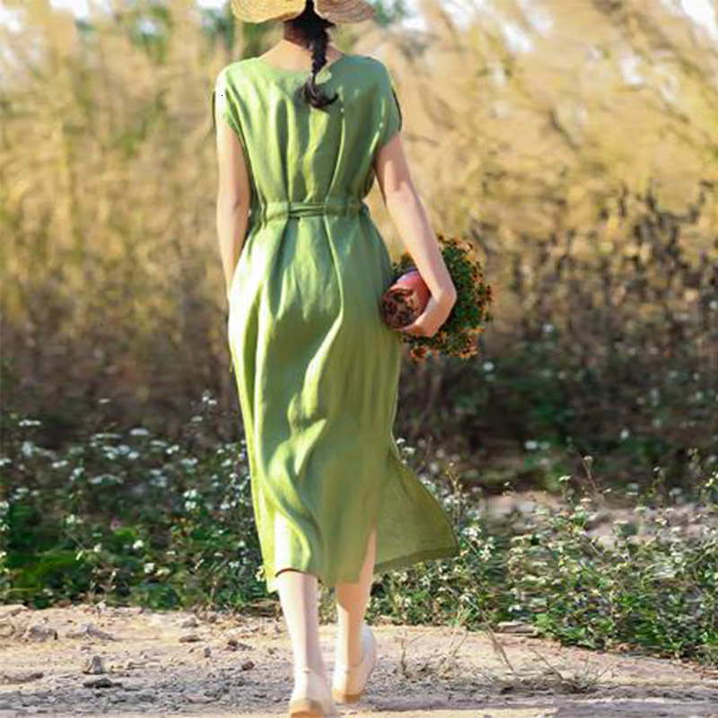 Casual Dresses Summer Square Collor Solid Cotton Linen Simple Loose Casual Bandage Waist Midi Dress Ladies Green Comfortable Elegant Robe 230321