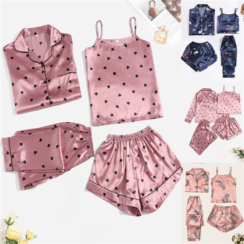 Women's Sleepwear 5 Pieces Sleepwear Set Pajama Set For Women Faux Silk Stain Nightwear Fashion Comfortable Sexy Sling Shorts Printed Home Clothe