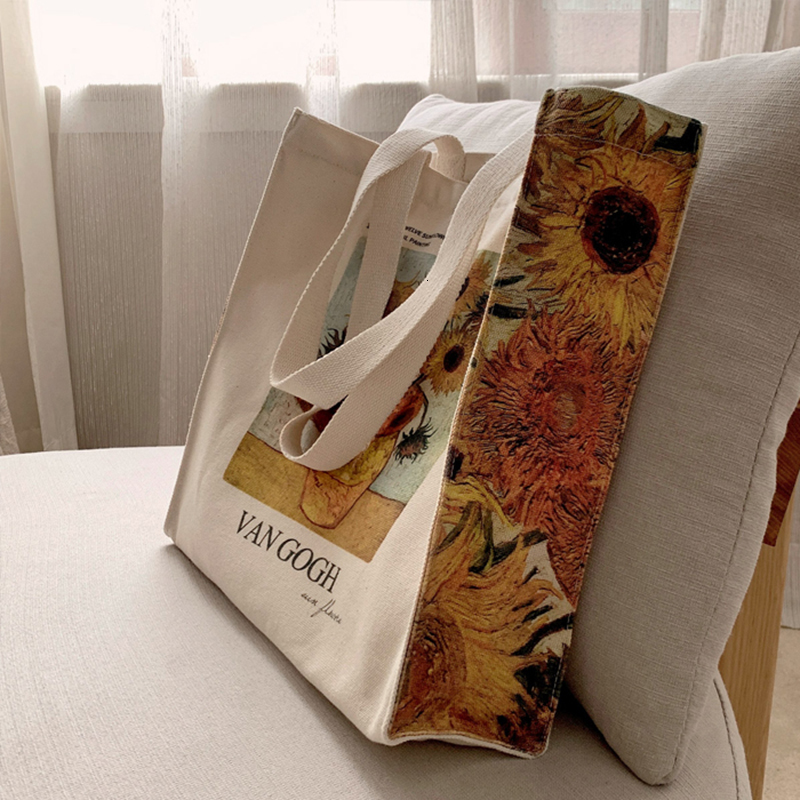 Evening Bags Poetry Lifest Van Gogh sunflower Classic Thick Cotton Canvas Bag Style Zipper Single Shoulder Shopping Tote bag 230321