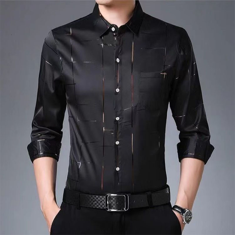 Men's Casual Shirts Smart Casual Men Thin Plaid Smooth Shirts Long Sleeve Lapel Spring Autumn Clothing Koreon Male Loose Business Fashion Tops 23