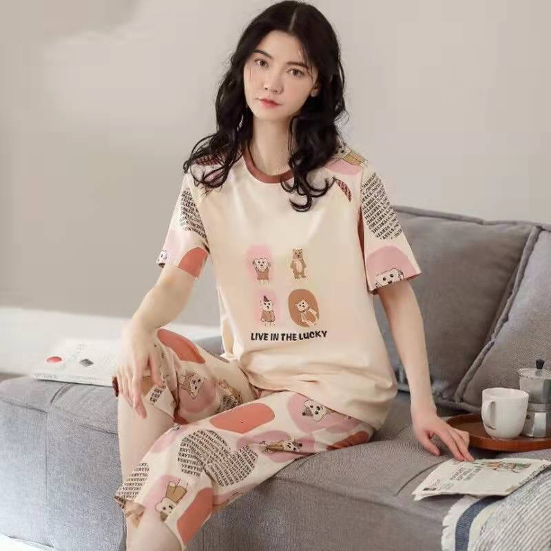 Women's Sleepwear Cotton Pajamas Women's Summer Short Sleeves Shorts Thin Suits Women's Cartoon Round Neck Loungewear Kawaii Pajamas Pl