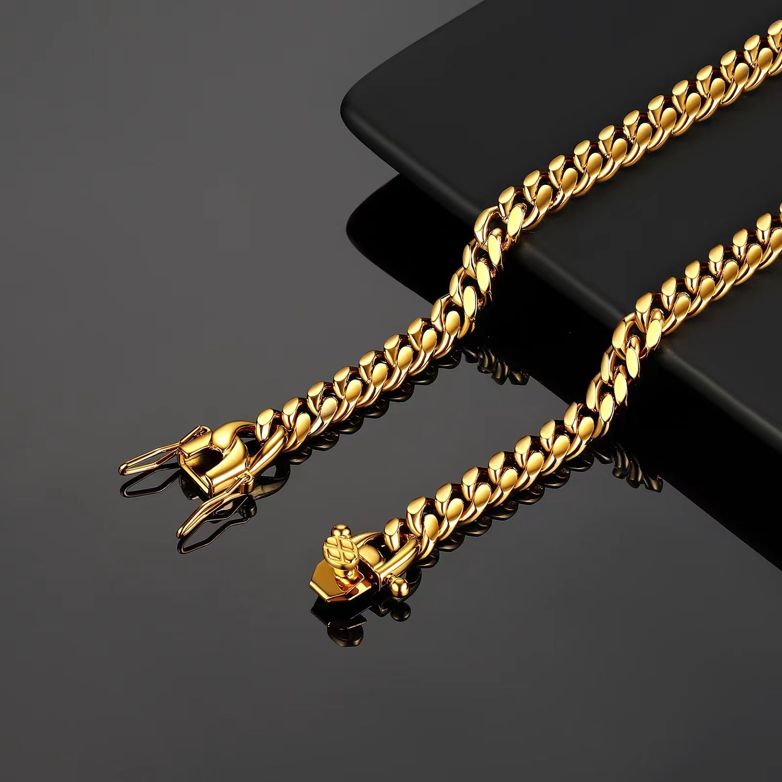Cuba gold faucet buckle stainless titanium steel density 8mm/10mm/12mm/14mm/16mm Miami Cuban k Stainless Steel Mens Gold Chains