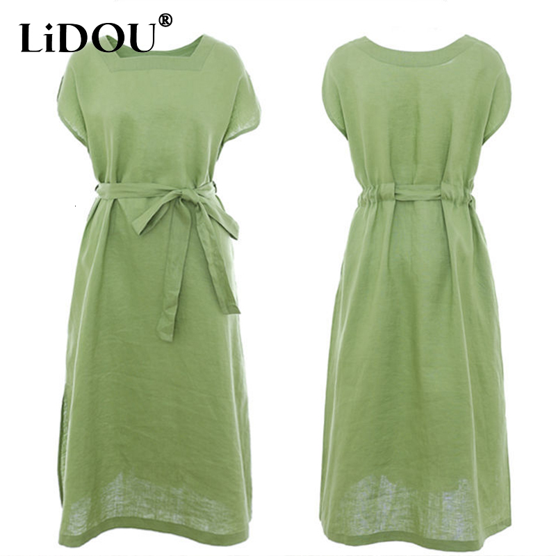 Casual Dresses Summer Square Collor Solid Cotton Linen Simple Loose Casual Bandage Waist Midi Dress Ladies Green Comfortable Elegant Robe 230321