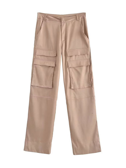 Women's Pants Capris TRAF Women Fashion With Pockets Satin Cargo Pants Vintage High Waist Zipper Fly Female Trousers Mujer 230321