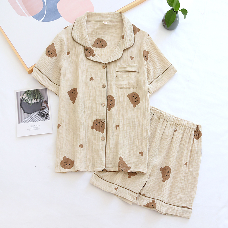 Women's Sleepwear Summer Couple Pure Cotton Bear Love Cute Pajamas Set Sleepwear Female Short-Sleeved Pijama Suit Loungewear Crepe Ladies Pyjama 