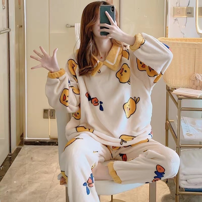 Women's Sleepwear SP CITY Winter Coral Velvet Pajamas Women's Cartoon Patterned Lovely Pajamas Set Thickened Warm Student Home Clothes Sleep