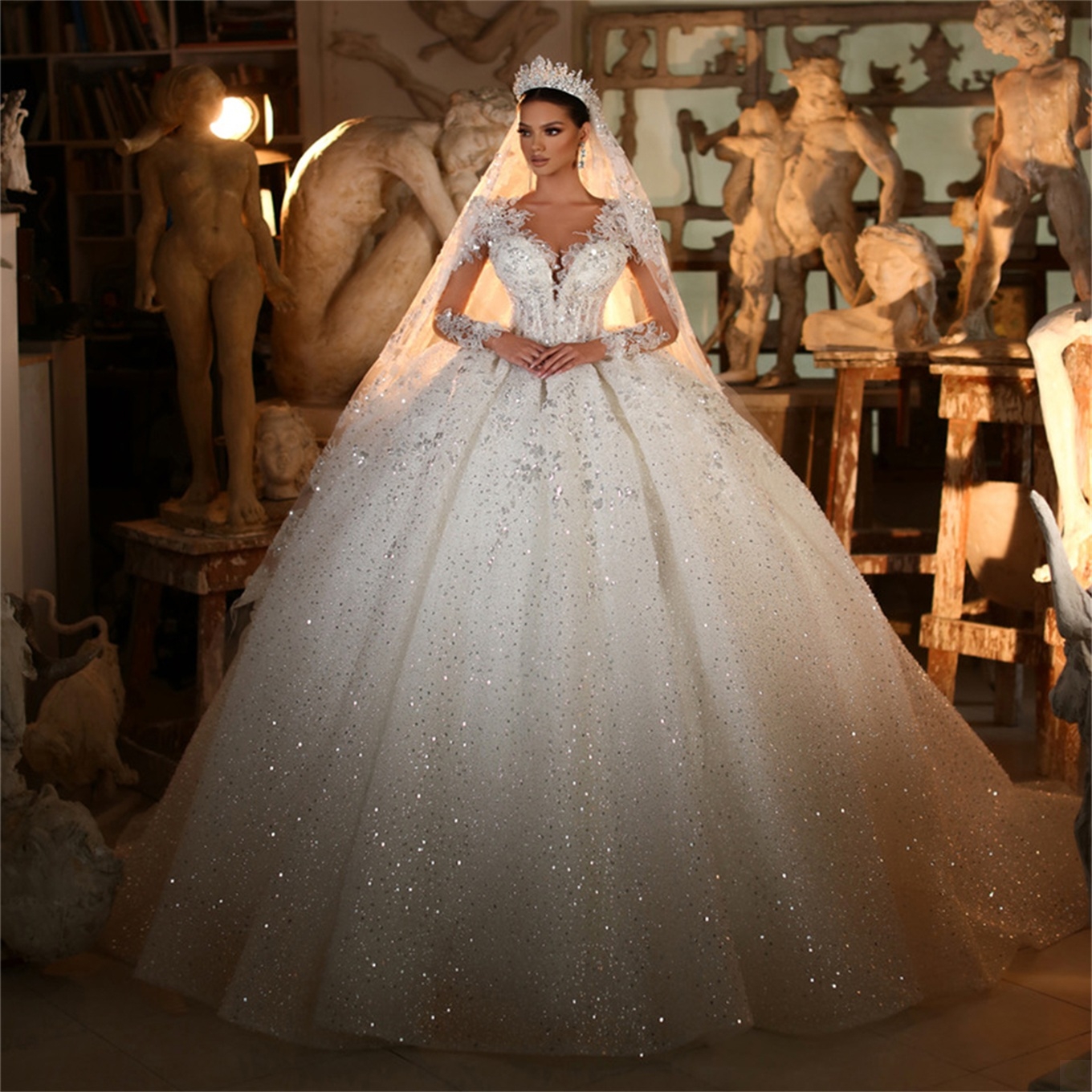 Luxury Ball Gown Wedding Dresses V-neck Transparent 1/2 Sleeves Shining Applicants Sequined High Waist Chapel Gown Custom Made Bridal Gown Vestidos De