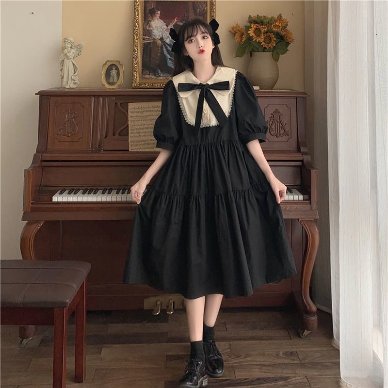 Casual Dresses Women Short Sleeve Dress Patchwork Peter Pan Collar Bow Girls Sweet Kawaii Dresses Students Korean Style High Waist Loose Trendy 230321