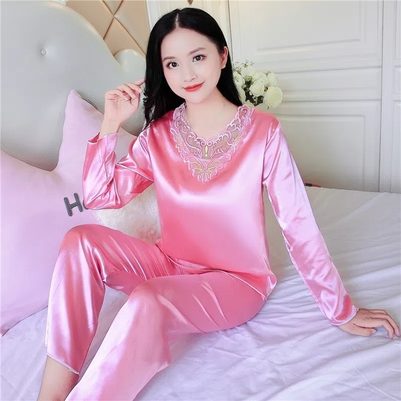 Women's Sleepwear 1311-12Women Pajamas Turndown Collar Pocket Long Sleeve Casual Pants 2 Piece Set Sleepwear Female Home Suit Sets Nightwear 2303