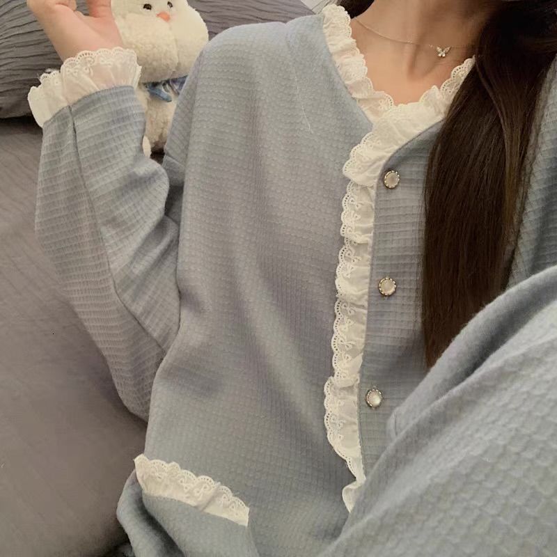 Women's Sleepwear Pajama Sets Women Sweet Cute Fall Outfits Long Sleeve Home Sleepwear Night Harajuku Lace Patchwork V-neck Cozy Korean Fashion 2