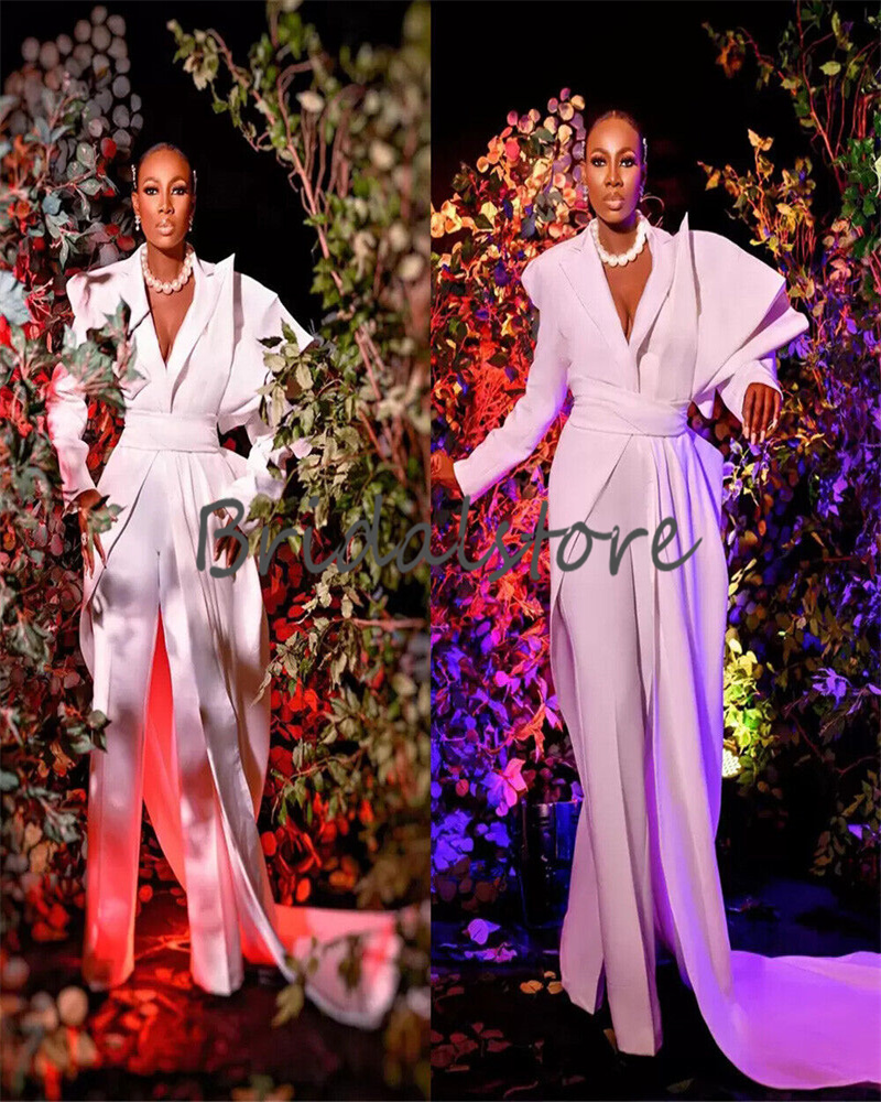 Plus Size Nigeria African Wedding Dress With Overskirt Elegant V Neck Long Sleeve Jumpsuit Boho Bridal Dresses Satin Civil Bohemian Country Bride vest